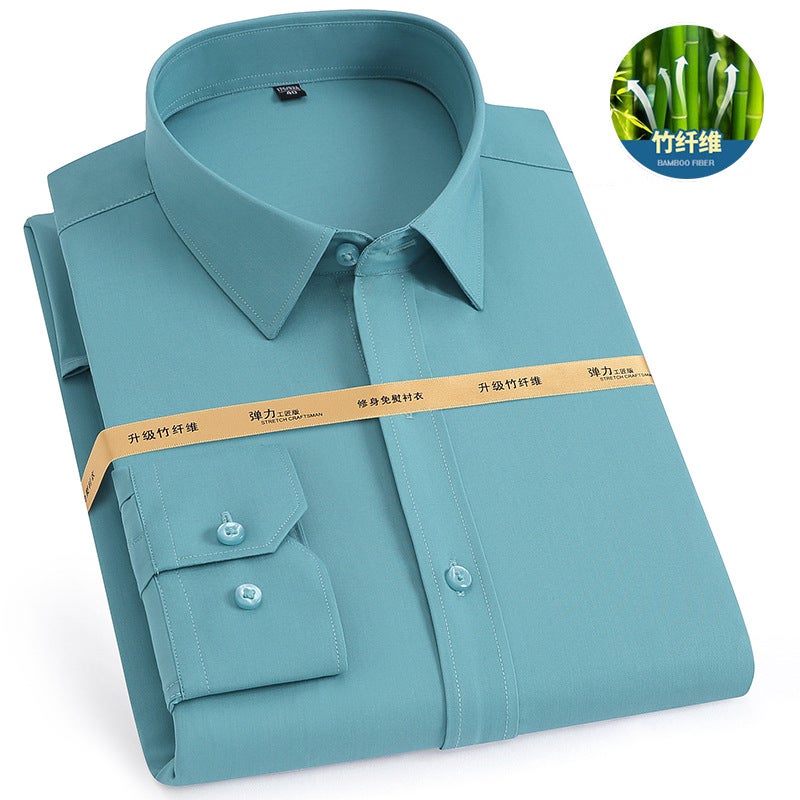 Bamboo Fiber Non-ironing Shirt Mens Long-sleeved Elastic Anti-wrinkle Professional Work Clothes Solid Color Slim-fit Business Shirt turquoise green 