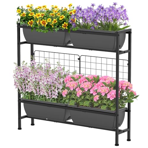CADUKE Raised Planter Box, Plastic Raised Garden Bed with Legs, Standing Planter Box with Drainage Holes & Trellis, 32" Elevated Flower Beds Outdoor & Indoor for Vegetables, Balcony, Patio, Grey - Image 1