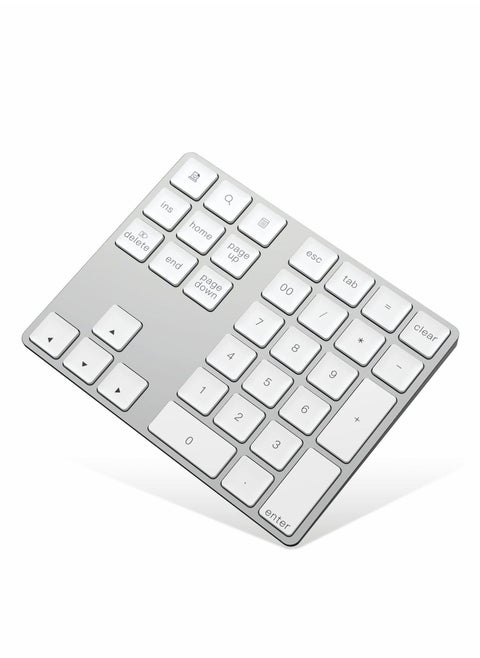 Bluetooth Number Pad, Rechargeable Wireless Numeric Keypad Slim 34-Keys External Numpad Keyboard Data Entry(Silver)