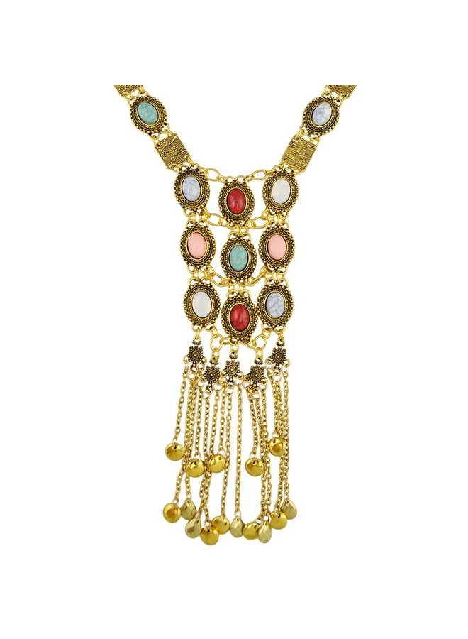 Asphire Bohemian Long Tassel Necklace Vintage Colorful Gemstone Turquoise Necklace Nepal Tibetan Ethnic Exaggerated Statement Accessories For Women And Girls (Gold)  - Image 3