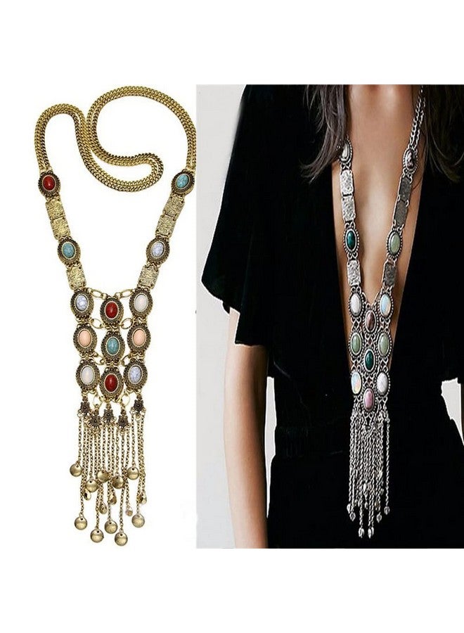 Asphire Bohemian Long Tassel Necklace Vintage Colorful Gemstone Turquoise Necklace Nepal Tibetan Ethnic Exaggerated Statement Accessories For Women And Girls (Gold)  - Image 1