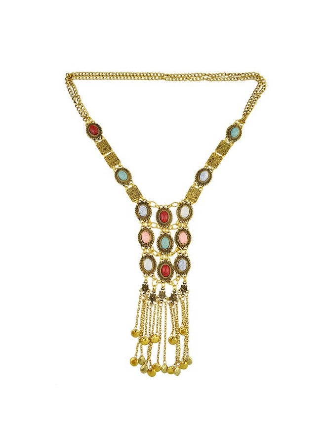 Asphire Bohemian Long Tassel Necklace Vintage Colorful Gemstone Turquoise Necklace Nepal Tibetan Ethnic Exaggerated Statement Accessories For Women And Girls (Gold)  - Image 2