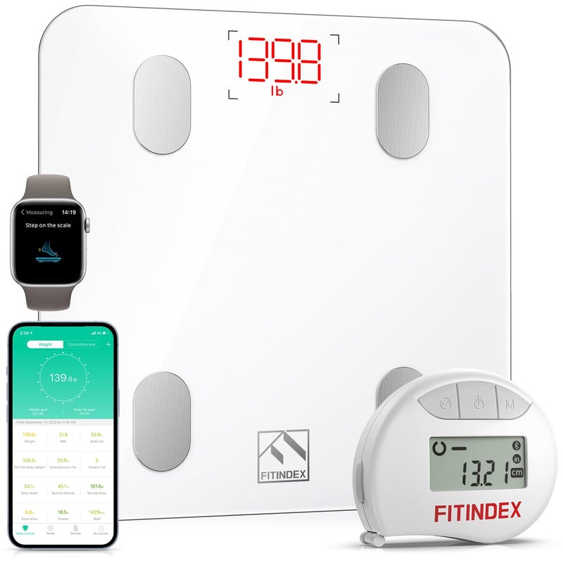 فيتينديكس ميزان FITINDEX الذكي وشريط القياس، ميزان حمام رقمي وشريط قياس الجسم يتزامن مع التطبيق، آلة وزن بلوتوث، محلل تكوين الجسم، للعناية الصحية - Image 1