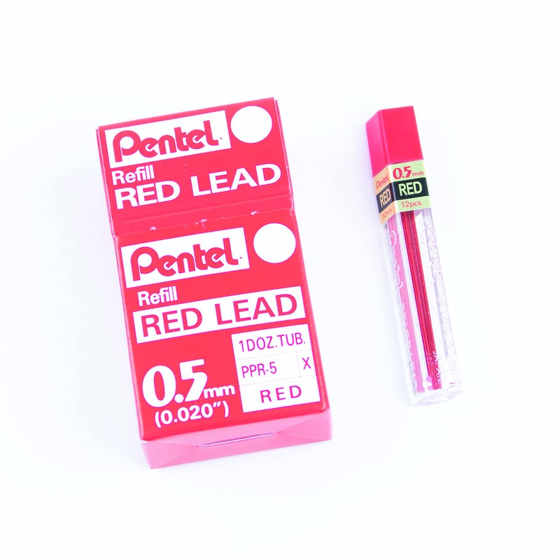Pentel Lead 0.5mm, Red, 12 Leads Per Tube, Box of 12 Tubes (PPR-5) - Image 1