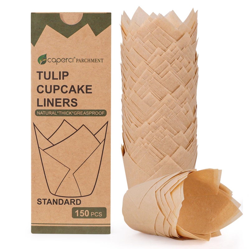 Caperci 150pcs Natural Tulip Cupcake Liners Unbleached European Parchment Paper Baking Cups Muffin Liners for Party, Wedding, Christmas, Birthday - Image 1