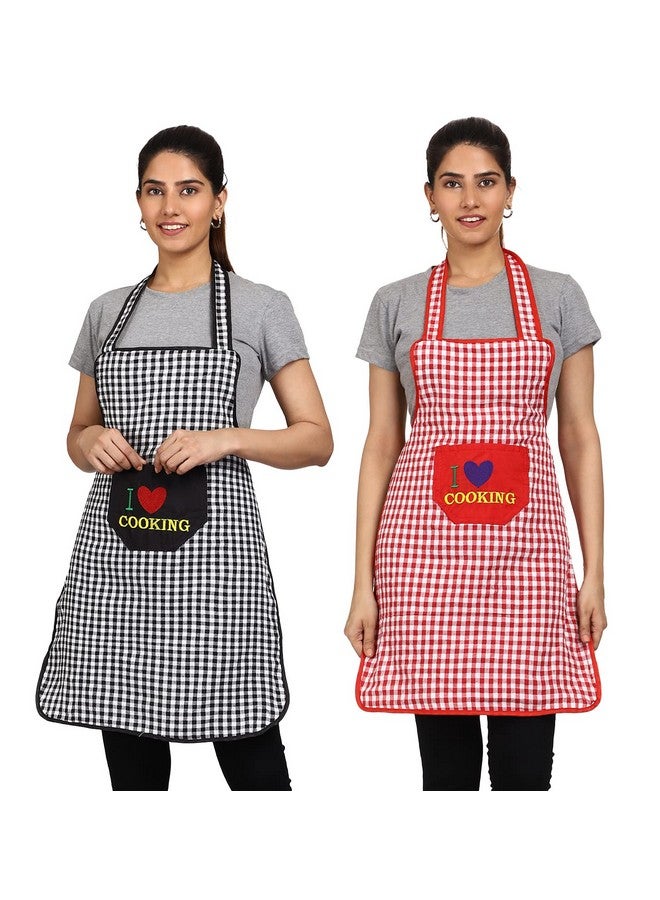 JMi Cotton Checkered Design Waterproof Apron with Multipurpose Front Large Embroidered Pocket Pack of 2 (RED & Black) - Image 1