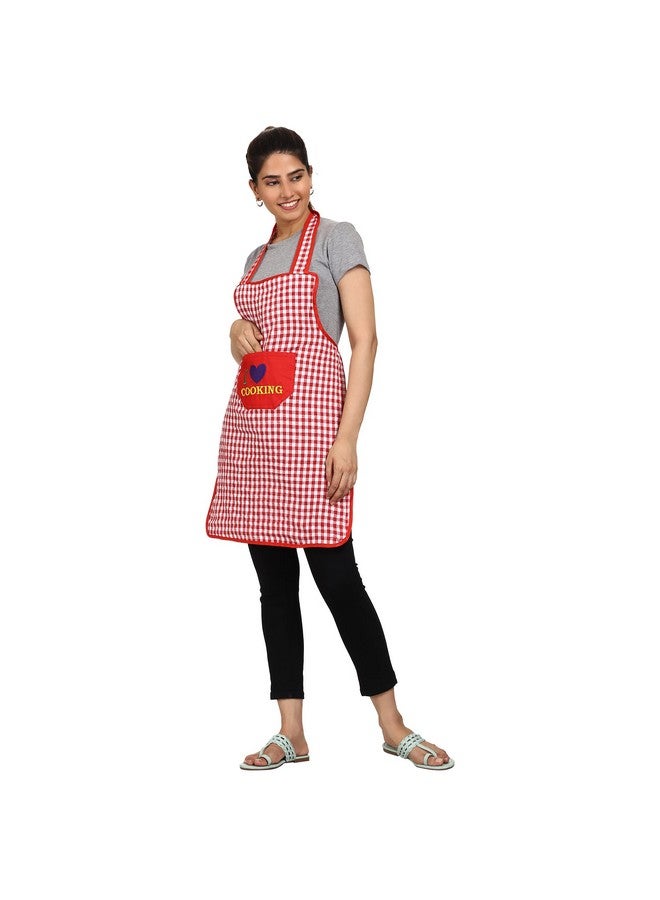 JMi Cotton Checkered Design Waterproof Apron with Multipurpose Front Large Embroidered Pocket Pack of 2 (RED & Black) - Image 5