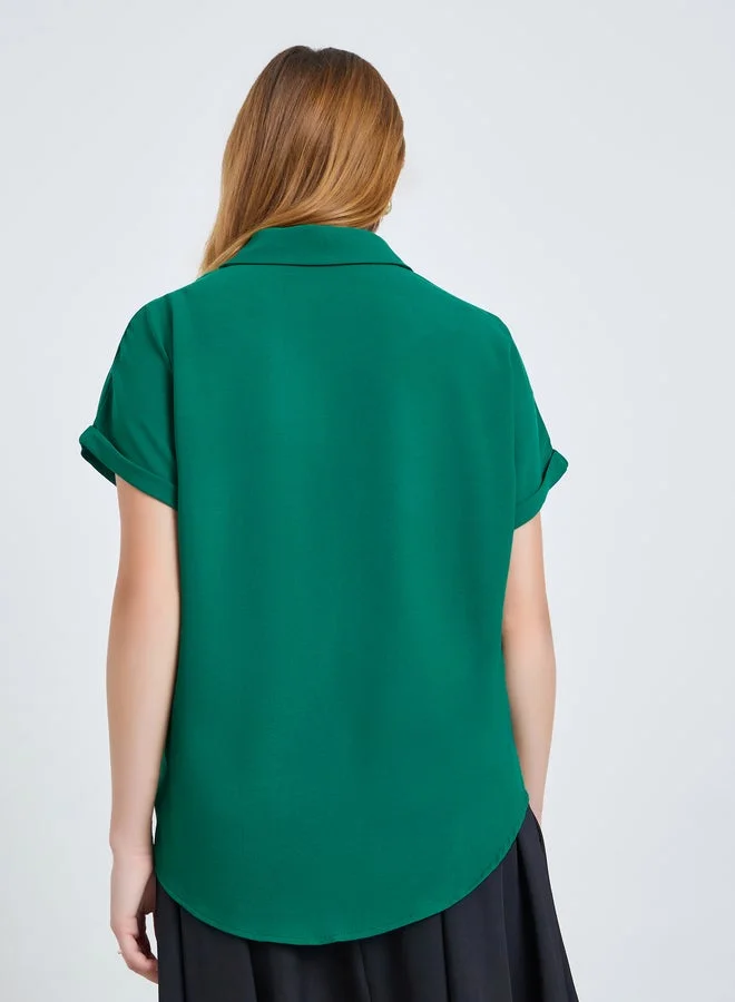 Take Two Green Green Solid Short Extended Sleeves Shirt with Pocket for Women | Best Price UAE