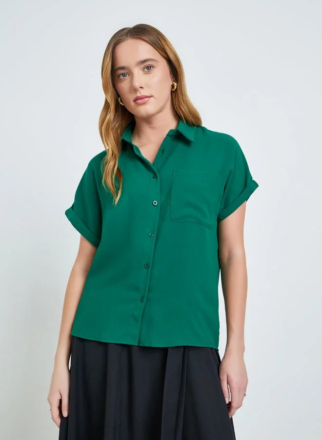 تايك تو بلوزة سادة بأكمام ممتدة قصيرة وجيب