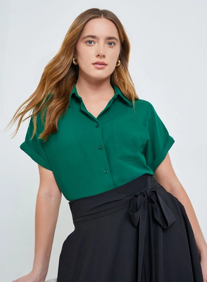 Take Two Green Green Solid Short Extended Sleeves Shirt with Pocket for Women | Best Price UAE