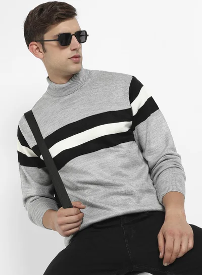 Campus Sutra Men's Light Grey Relaxed Horizontal Striped Pullover Sweater