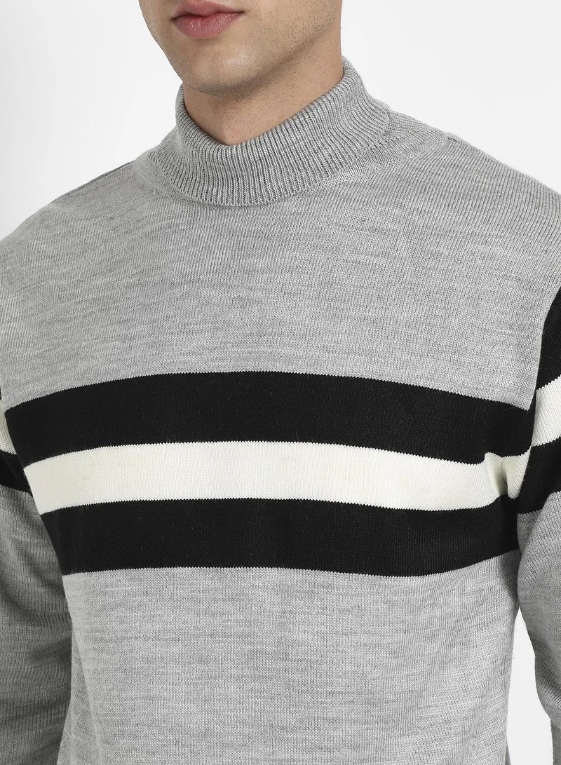 Campus Sutra Men's Light Grey Relaxed Horizontal Striped Pullover Sweater