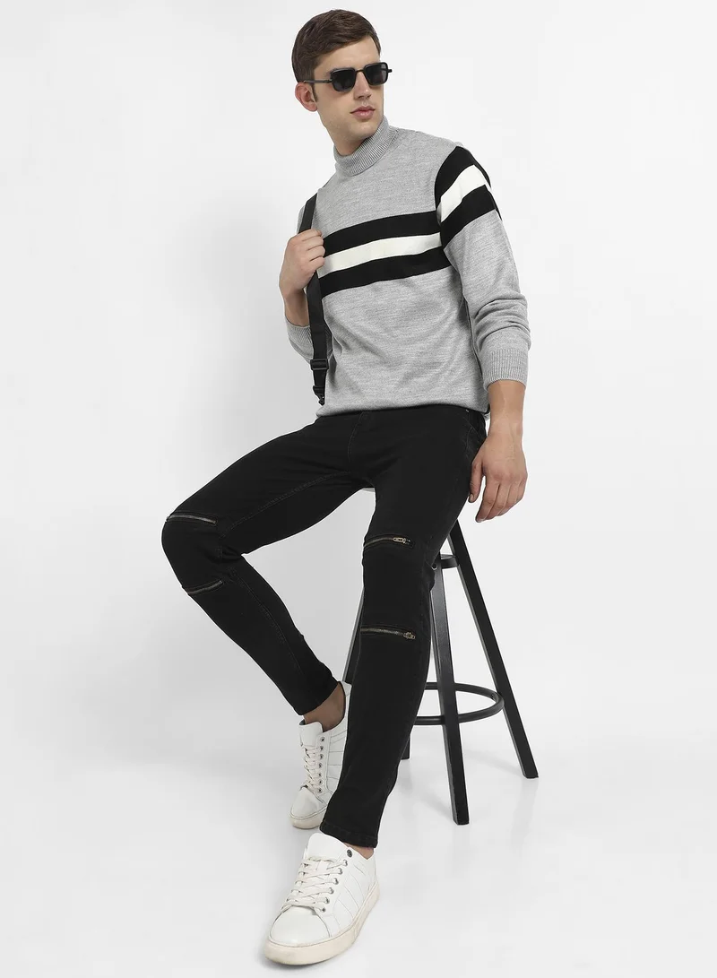Campus Sutra Men's Light Grey Relaxed Horizontal Striped Pullover Sweater