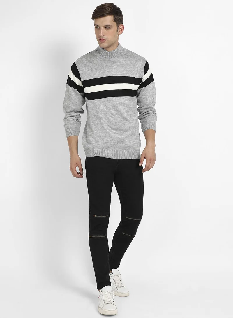 Campus Sutra Men's Light Grey Relaxed Horizontal Striped Pullover Sweater