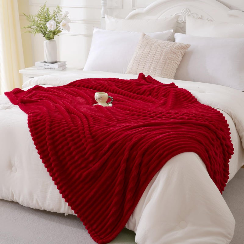 Linecooo Valentines Day Decorations Red Fleece Throw Blanket 50â€Ã—60â€ for Couch Sofa Bed,Super Soft Cozy Plush Microfiber Flannel Blanket with Stripes Design Lightweight for Adults,Woman,Girls Gifts - Image 3