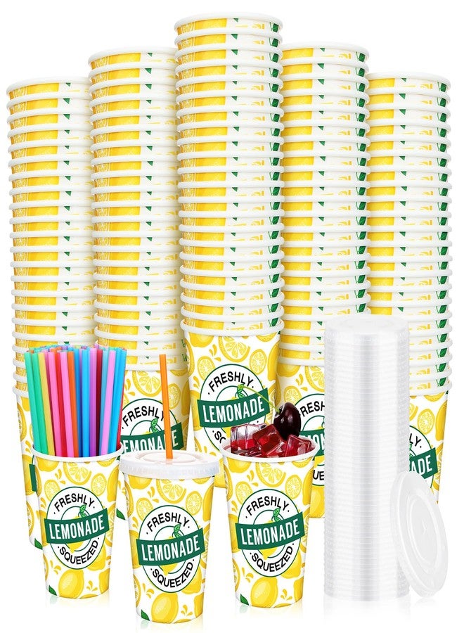 Meanplan 300 Pieces/100 Sets Lemonade Cups with Lids and Straws Disposable Cups for Party Decorative Lemon Paper Cup Lemonade Stand Supplies for Water Juice Kitchen Coffee Birthday Decorations (9 oz) - Image 1