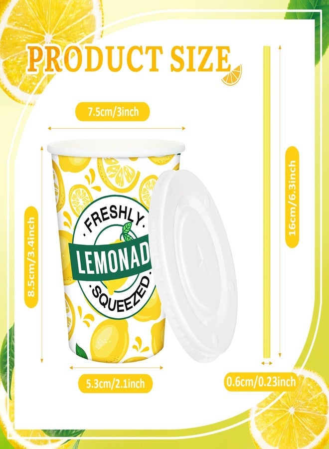 Meanplan 300 Pieces/100 Sets Lemonade Cups with Lids and Straws Disposable Cups for Party Decorative Lemon Paper Cup Lemonade Stand Supplies for Water Juice Kitchen Coffee Birthday Decorations (9 oz) - Image 3