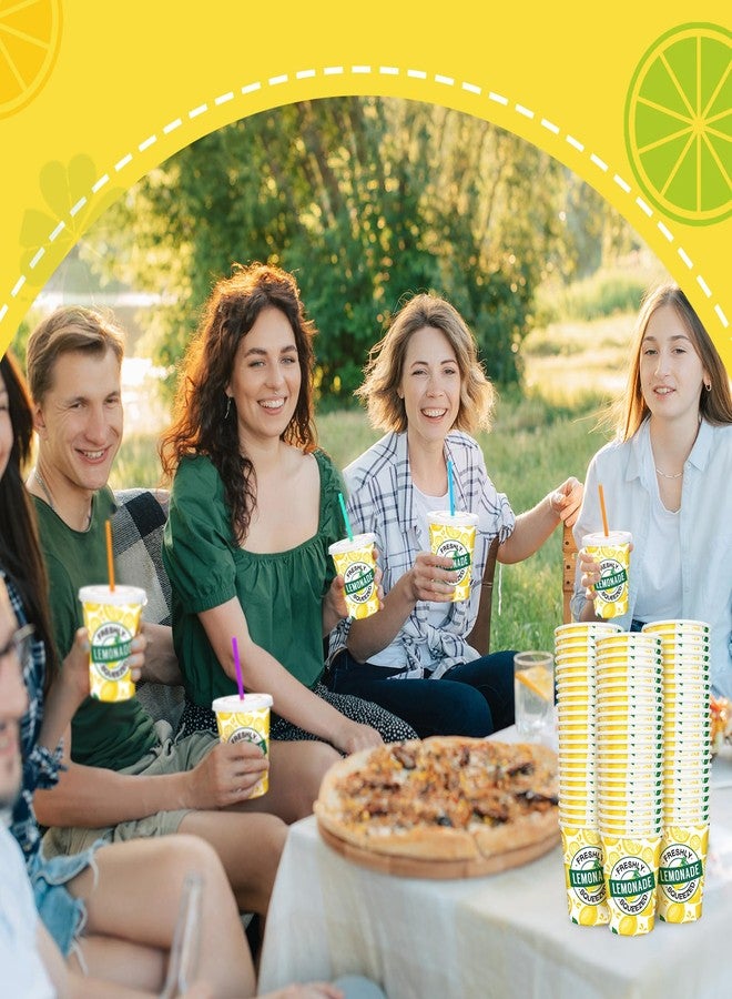 Meanplan 300 Pieces/100 Sets Lemonade Cups with Lids and Straws Disposable Cups for Party Decorative Lemon Paper Cup Lemonade Stand Supplies for Water Juice Kitchen Coffee Birthday Decorations (9 oz) - Image 4