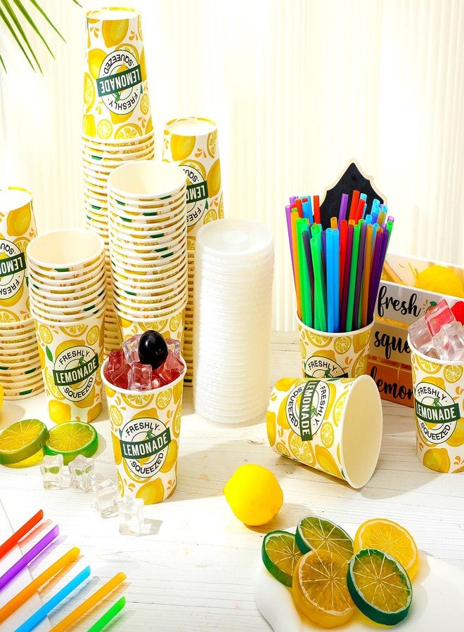 Meanplan 300 Pieces/100 Sets Lemonade Cups with Lids and Straws Disposable Cups for Party Decorative Lemon Paper Cup Lemonade Stand Supplies for Water Juice Kitchen Coffee Birthday Decorations (9 oz) - Image 2