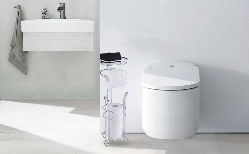 SunnyPoint Bathroom Heavyweight Toilet Tissue Paper Roll Storage Holder Stand with Reserve and Shelve, The Reserve Area Has Enough Space to Store Mega Rolls. (Chrome) - Image 5