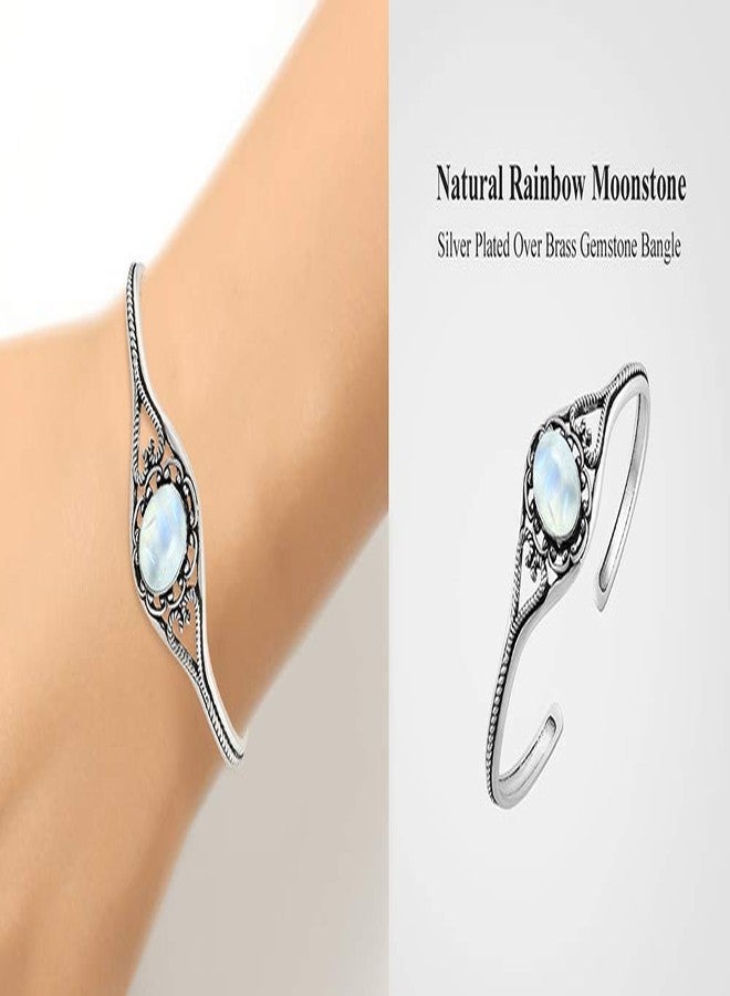 Sterling Silver Jewelry Natural Moonstone Cuff Bangle Bracelet for Women - Handmade 925 Silver Plated Adjustable Vintage Style Jewelry - White Gemstone June Birthstone Statement Bangle - Christmas Wedding Gift for Her - Image 3