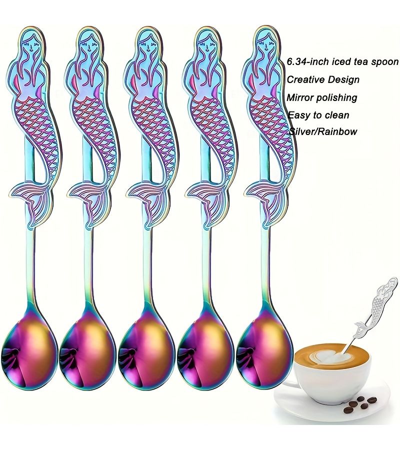 Rainbow 3Pcs Mermaid Coffee Spoons 304 Stainless Steel Long Handle Mirror Polished Dishwasher Safe - Image 1