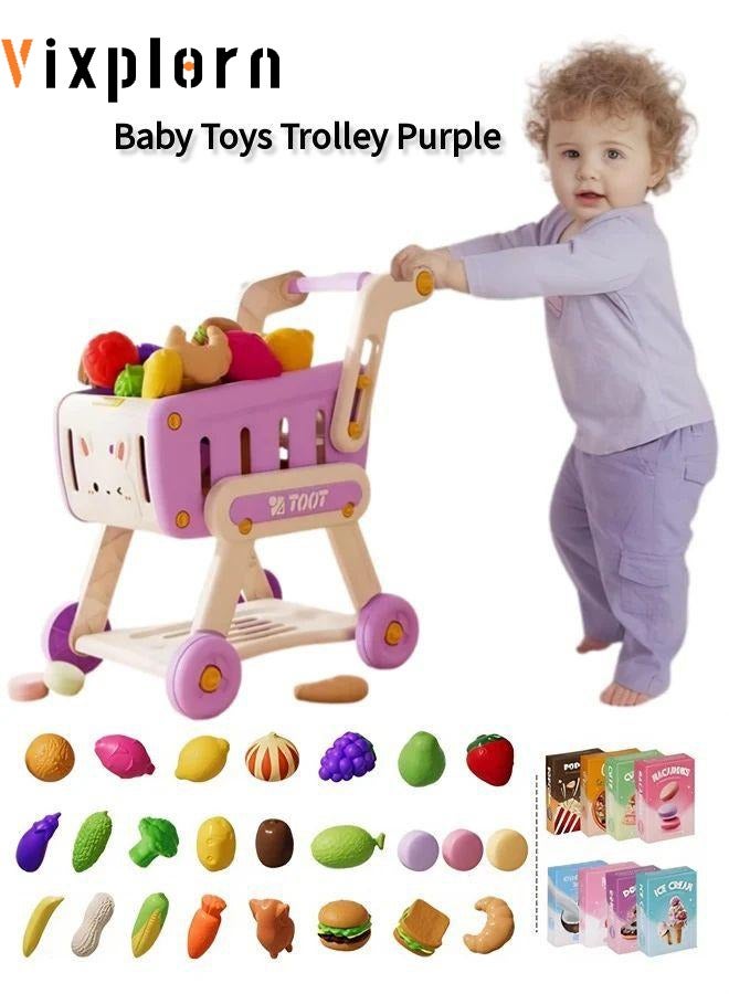 Vixplorn Basic & Life Skills Children's trolley shopping toy, with toy fruits, vegetables and other accessories, role-play, educational games, experience shopping fun (purple model)  - Image 1