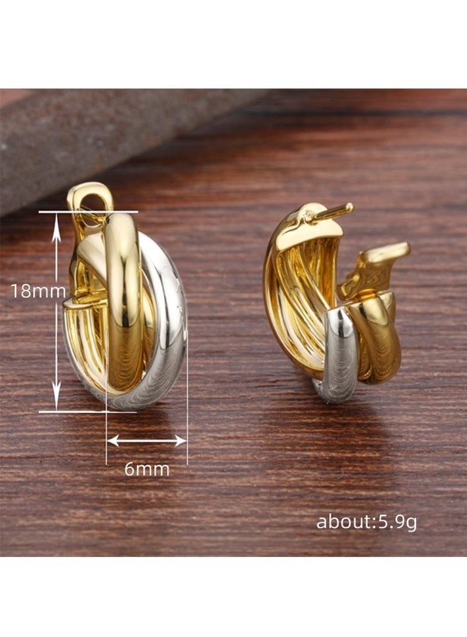 أقراط نسائية من الفضة والذهب بتصميم ثلاثي الحلقات، مضفرة ملتوية، عصرية بلونين، أقراط ذهبية سميكة عيار 18 قيراطًا، هدية أنيقة - Image 2