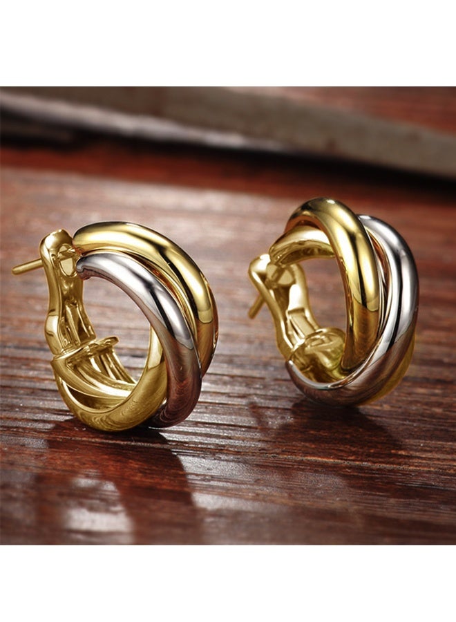 أقراط نسائية من الفضة والذهب بتصميم ثلاثي الحلقات، مضفرة ملتوية، عصرية بلونين، أقراط ذهبية سميكة عيار 18 قيراطًا، هدية أنيقة - Image 4