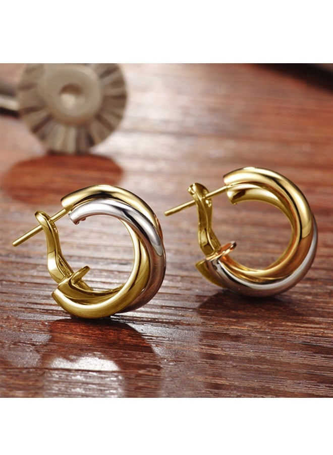 أقراط نسائية من الفضة والذهب بتصميم ثلاثي الحلقات، مضفرة ملتوية، عصرية بلونين، أقراط ذهبية سميكة عيار 18 قيراطًا، هدية أنيقة - Image 3