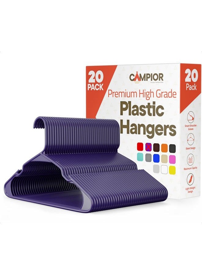 Campior Premium Clothes Hangers – Space-Saving Slim Design, Lightweight and Durable Plastic with Smart Shoulder Grooves, Versatile Usage for Organizing Laundry, Coats & Clothes, Purple, Pack of 20 - Image 1