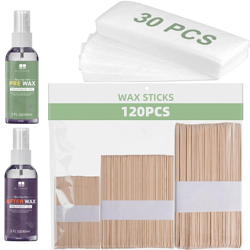 BLITZWAX 120pcs Wooden Waxing Sticks Kit for Hard Wax Hair Removal Eyebrow Large Small Wax Applicator for Lip Brow Face and Body Waxing Wax Oils with 30 Wax Paper Kit  Ideal for Women Wax atHome