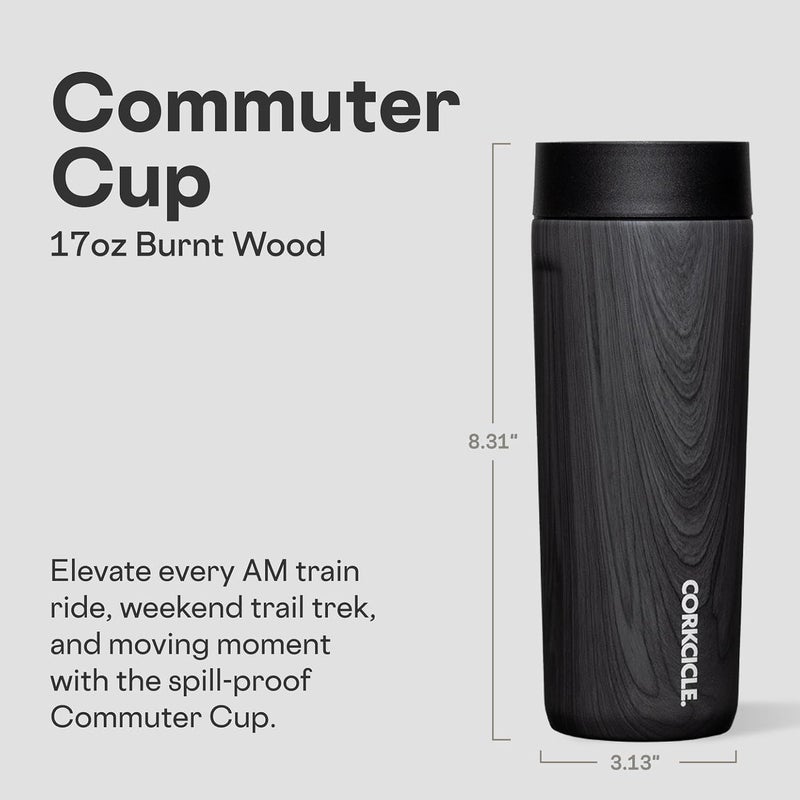 CORKCICLE Commuter Cup Travel Mug - Insulated Coffee Mug with Lid - Keeps Drinks Cold 18 Hours - 360° Spill-Proof Sip Lid - Holiday Gift - Great for Gifting Warmth - 17 oz - Burnt Wood - Image 2