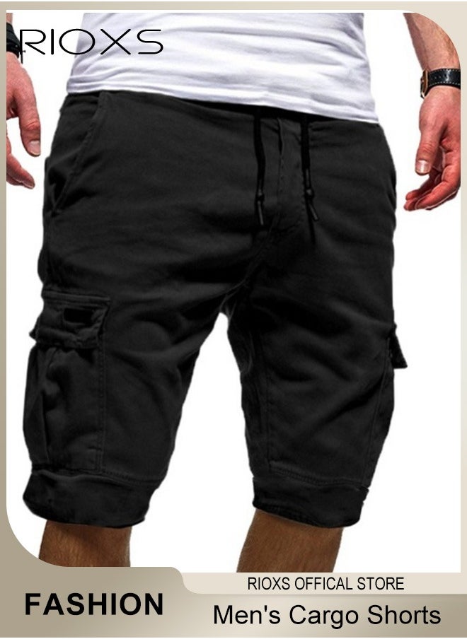 RIOXS - Men's Cargo Shorts,Elastic Waist Drawstring Classic Shorts,Stretch Knee Length Pants With Pockets,Breathable Lightweight Shorts For Work Sports Or Daily Wear - Image 1
