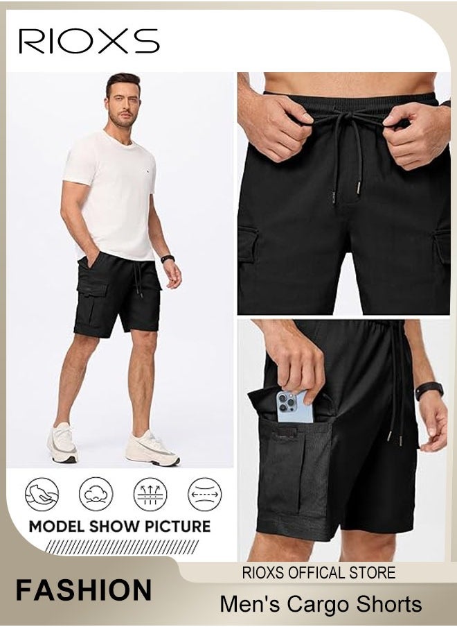 RIOXS - Men's Cargo Shorts,Elastic Waist Drawstring Classic Shorts,Stretch Knee Length Pants With Pockets,Breathable Lightweight Shorts For Work Sports Or Daily Wear - Image 1