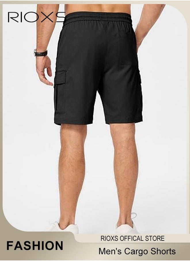 RIOXS - Men's Cargo Shorts,Elastic Waist Drawstring Classic Shorts,Stretch Knee Length Pants With Pockets,Breathable Lightweight Shorts For Work Sports Or Daily Wear - Image 1