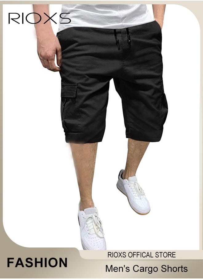 RIOXS - Men's Cargo Shorts,Elastic Waist Drawstring Classic Shorts,Stretch Knee Length Pants With Pockets,Breathable Lightweight Shorts For Work Sports Or Daily Wear - Image 1