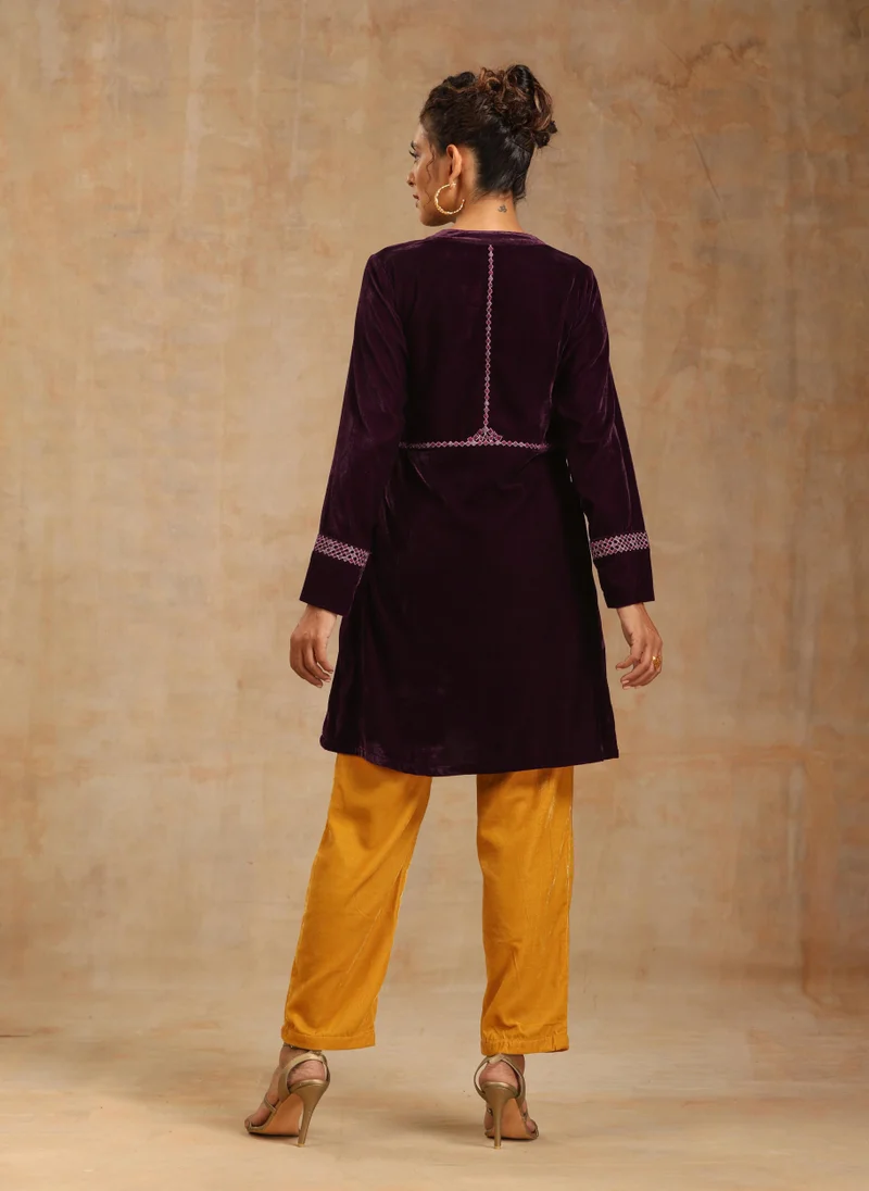 trueBrowns trueBrowns Wine Velvet Placket Embroidered Co-ord Set