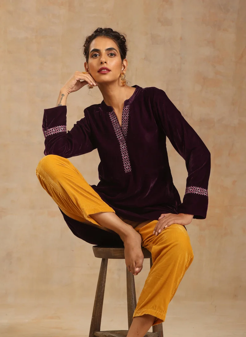 trueBrowns trueBrowns Wine Velvet Placket Embroidered Co-ord Set