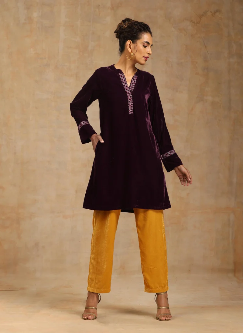 trueBrowns trueBrowns Wine Velvet Placket Embroidered Co-ord Set