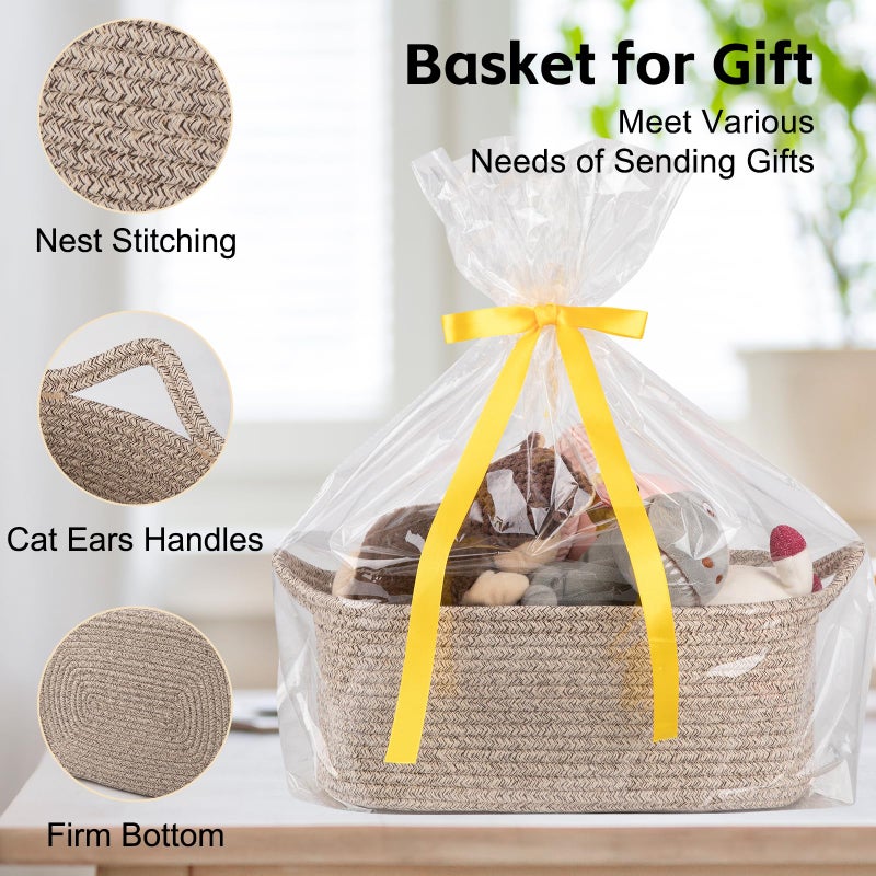 OIAHOMY Woven Basket, Gift Basket Empty with Gift Bags and Ribbons, Rope Basket for Baby Showers, Storage Basket with Handles for Nursery, Pet Toy Basket - Brown - Image 3