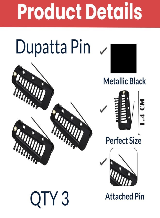 TEMPERIA (3pcs) Dupatta Clips for Brides - Bridal Saree Pallu Chunni Setting Holding Safety Pin for Head - Hair Patch Wig Clips for Women - Black - Image 2