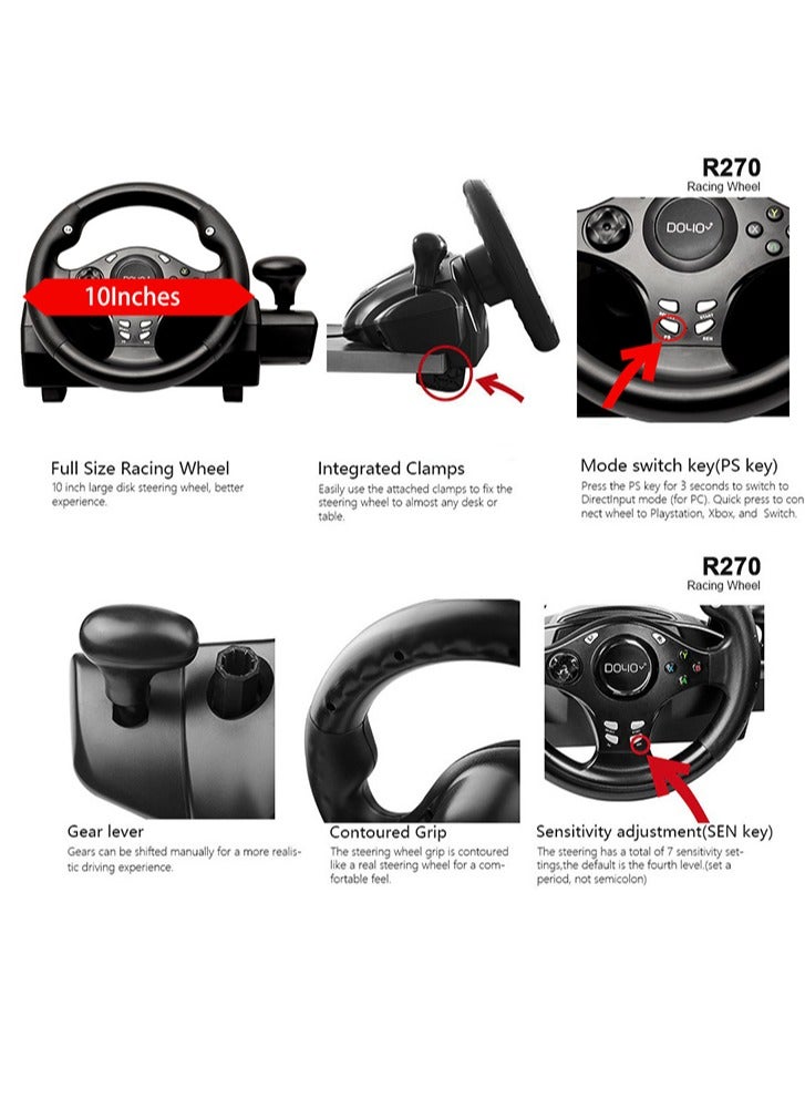 دويو عجلة قيادة ألعاب السباق، عجلة قيادة للكمبيوتر الشخصي، عجلة قيادة لعبة Driving Force Sim بزاوية 270 درجة مع تروس ودواسات سريعة الاستجابة للكمبيوتر الشخصي/PS3/PS4/XBOX ONE/XBOX 360/Nintendo Switch/Android - Image 4