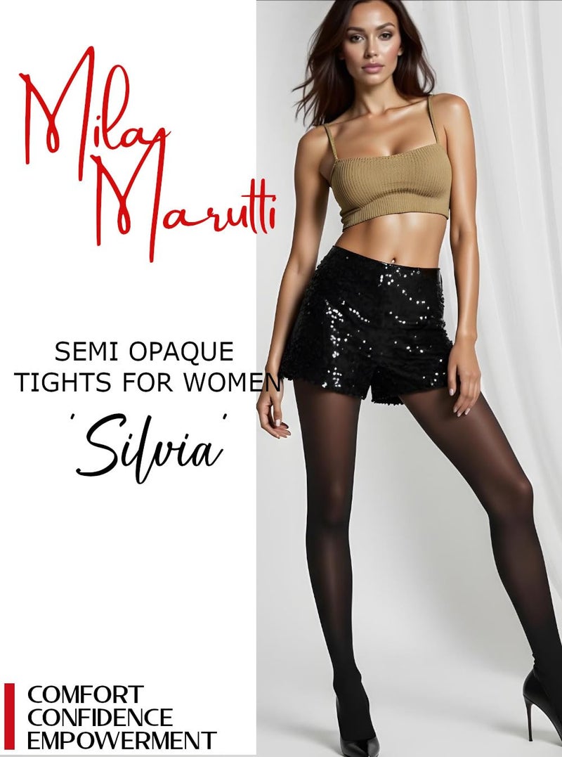 Mila Marutti Tights for Women - Elegant Black Pantyhose - Semi Sheer Hosiery Nylons Stockings - Black, M - Image 2