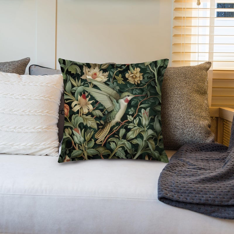 Nipil Vintage William Morris Hummingbird Pillow Cover 18x18,Rustic Green Hummingbird Bird Animal Floral Botanical Print Decorative Throw Pillow Covers for Home Bedroom Living Room - Image 4