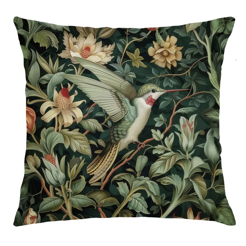 Nipil Vintage William Morris Hummingbird Pillow Cover 18x18,Rustic Green Hummingbird Bird Animal Floral Botanical Print Decorative Throw Pillow Covers for Home Bedroom Living Room - Image 1