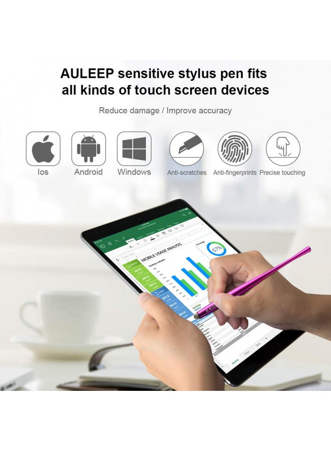 AULEEP أقلام ستايلس سعة AULEEP لشاشة اللمس مع 4 عبوات من رؤوس نانو ألياف 6 متوافقة مع الهواتف، والأجهزة اللوحية، وآيباد، وكيندل (فضي، أسود، وردي، أزرق) - Image 1