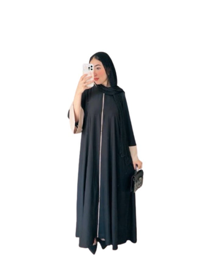 Women's abaya, double imported silk – wide Gulf design with elegant embroidery on the sleeves - Image 1