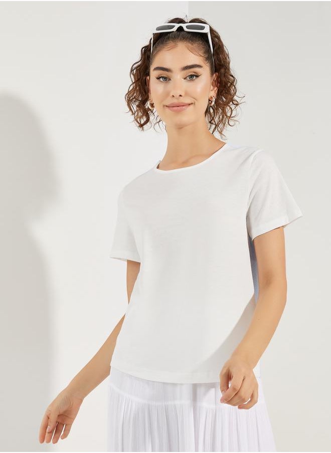 Styli Striped Woven Back Round Neck Top  - Image 2