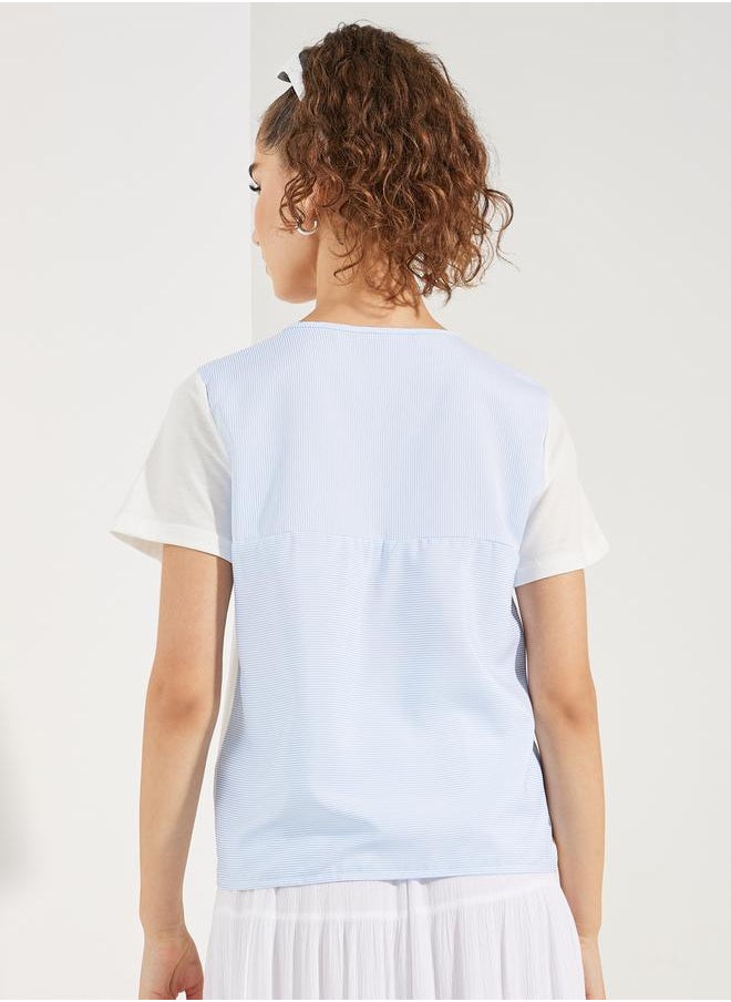 Styli Striped Woven Back Round Neck Top  - Image 5